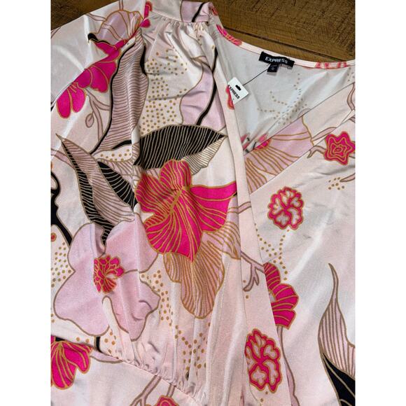 NWT Womens Express Pink Black Floral Long Sleeve Snap Button Bodysuit Size XL - Picture 5 of 8